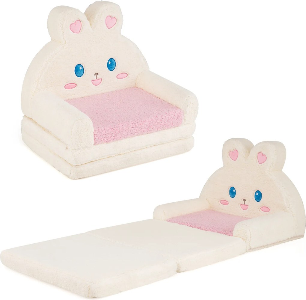Sofá Infantil de Coelho 2 em 1, 57 x 44 x 54 cm, Convertível em Colchonete, Rosa
