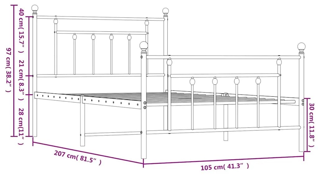 Estrutura de cama com cabeceira e pés 100x200 cm metal preto