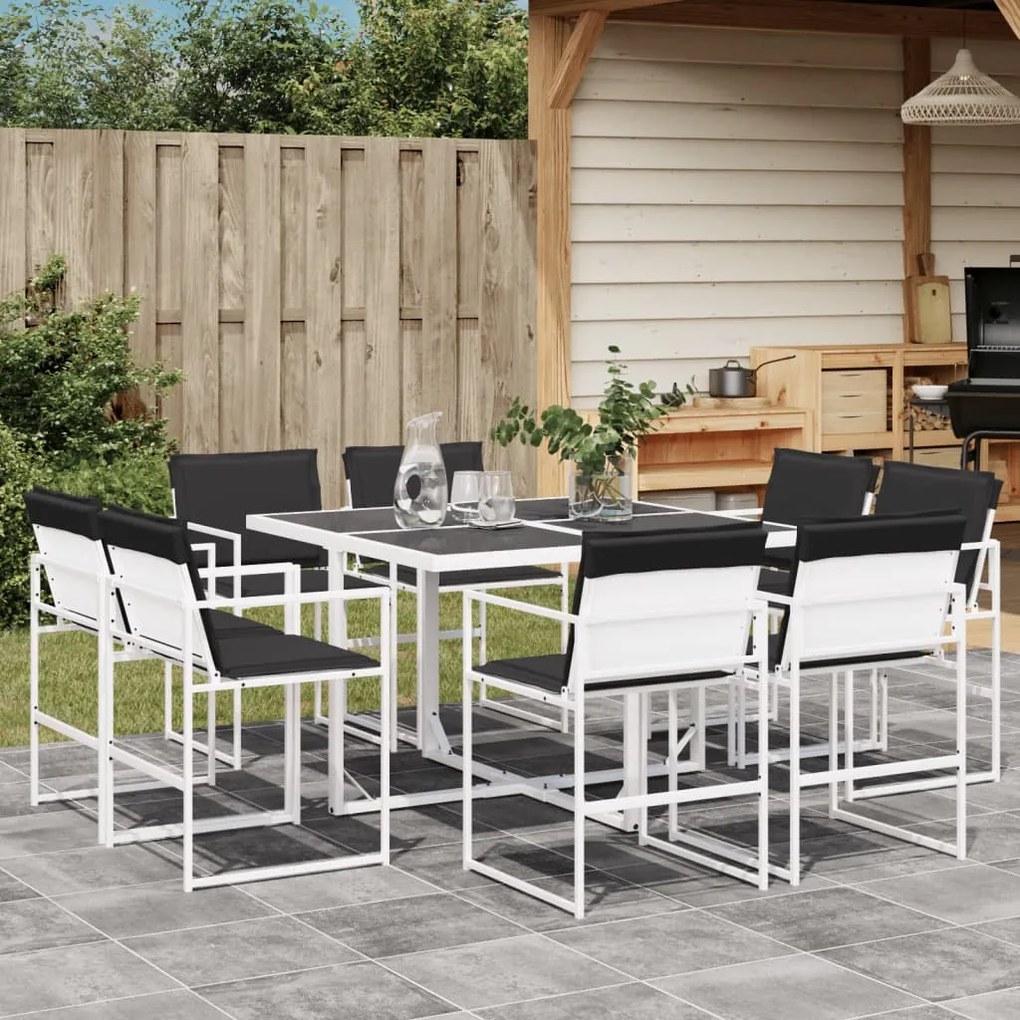 vidaXL 9 pcs conj. de jantar p/ jardim c/ almofadões textilene branco