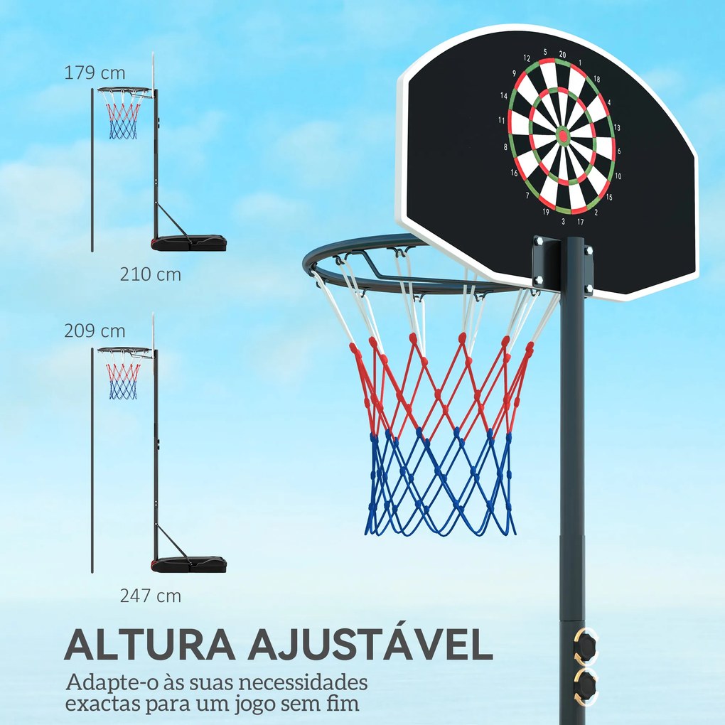 Cesto de Basquetebol para Exterior com Alvo de Dardos com Ajustável 210-247 cm Rodas Base preenchida com agua ou areia Preto