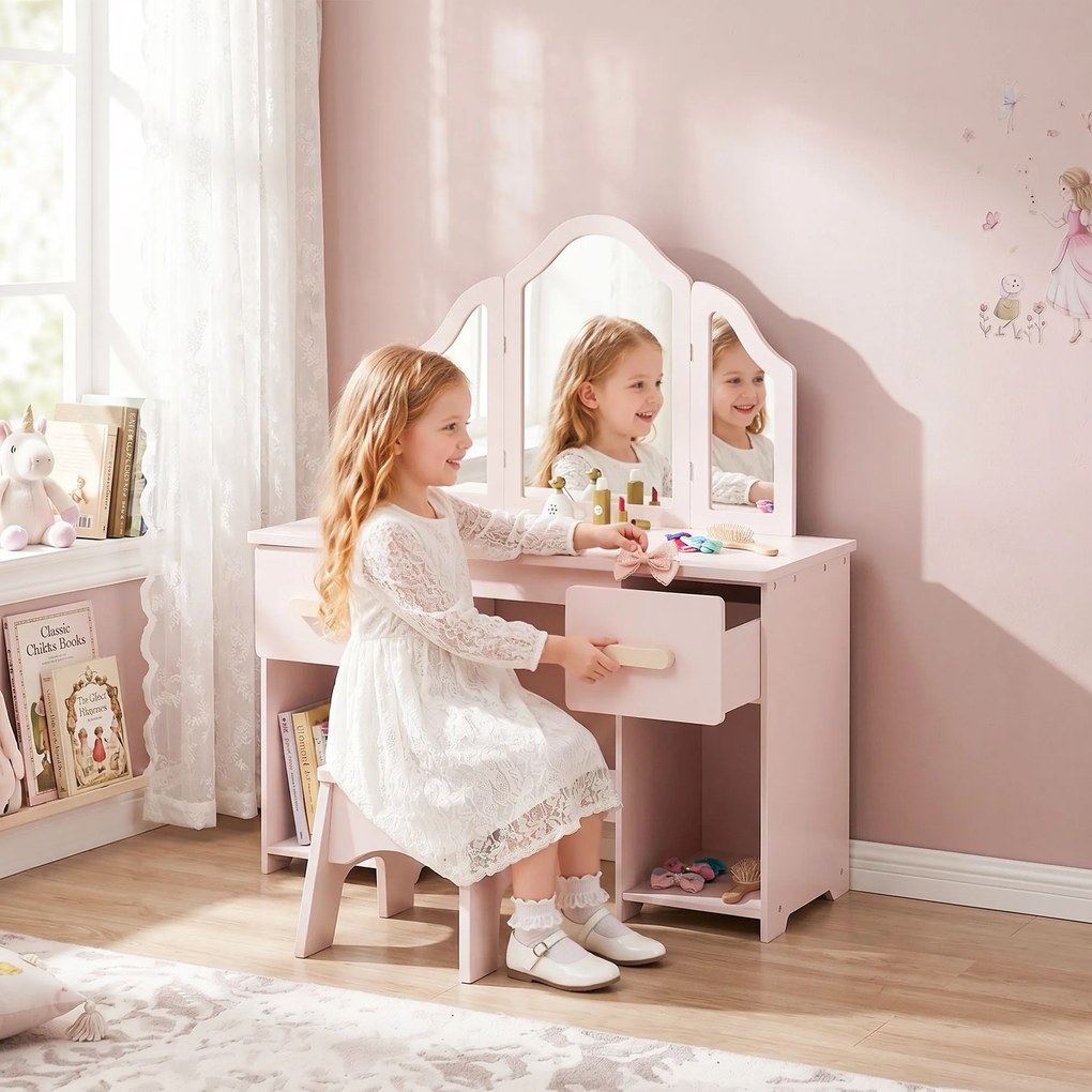 Toucador Infantil de Maquilhagem com Banco, 3 Espelhos Amovíveis, 2 Gavetas, 2 Armários e 7 Acessórios, Rosa, +3 Anos