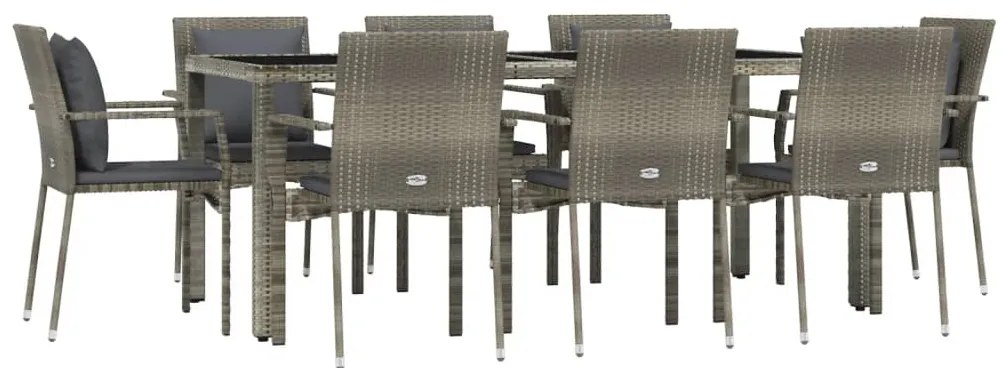 9 pcs conjunto de jantar p/ jardim c/ almofadões vime PE cinza