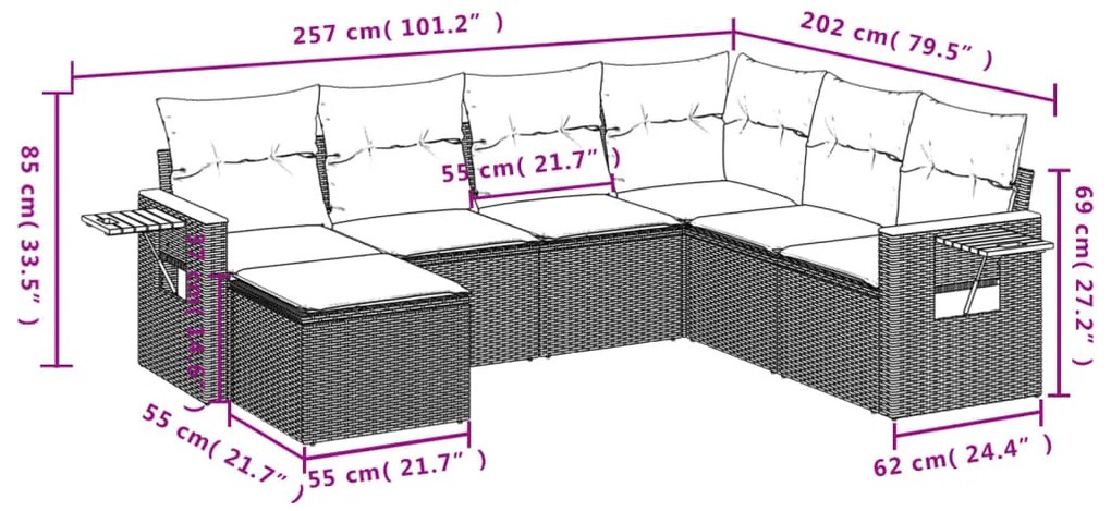7 pcs conjunto de sofás p/ jardim com almofadões vime PE bege
