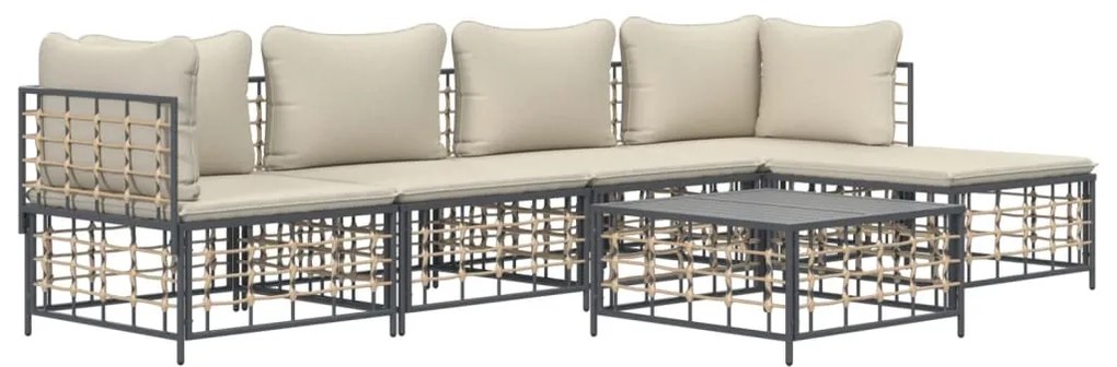 6 pcs conjunto lounge de jardim c/ almofadões vime PE antracite