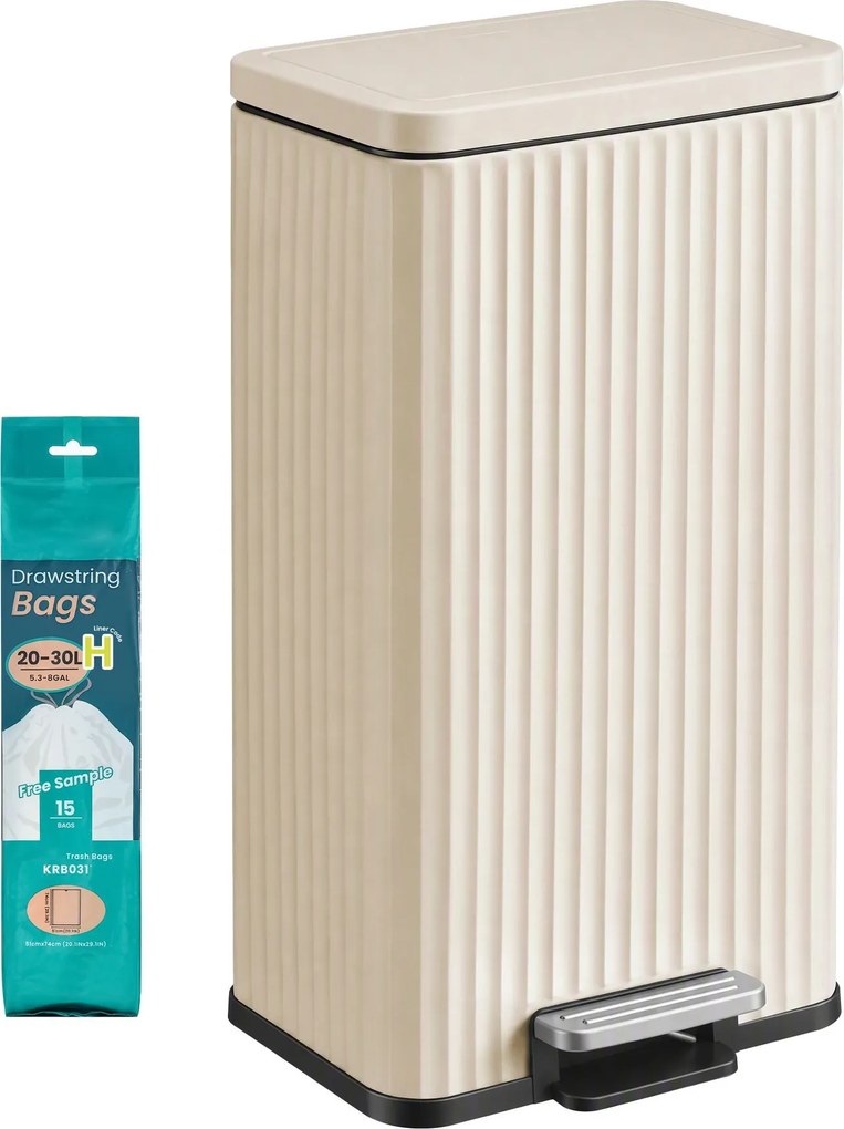 Caixote do lixo de cozinha com tampa 33,6 x 29,8 x 59,5 cm, fecho suave e cesto interior removível, 30 L, bege