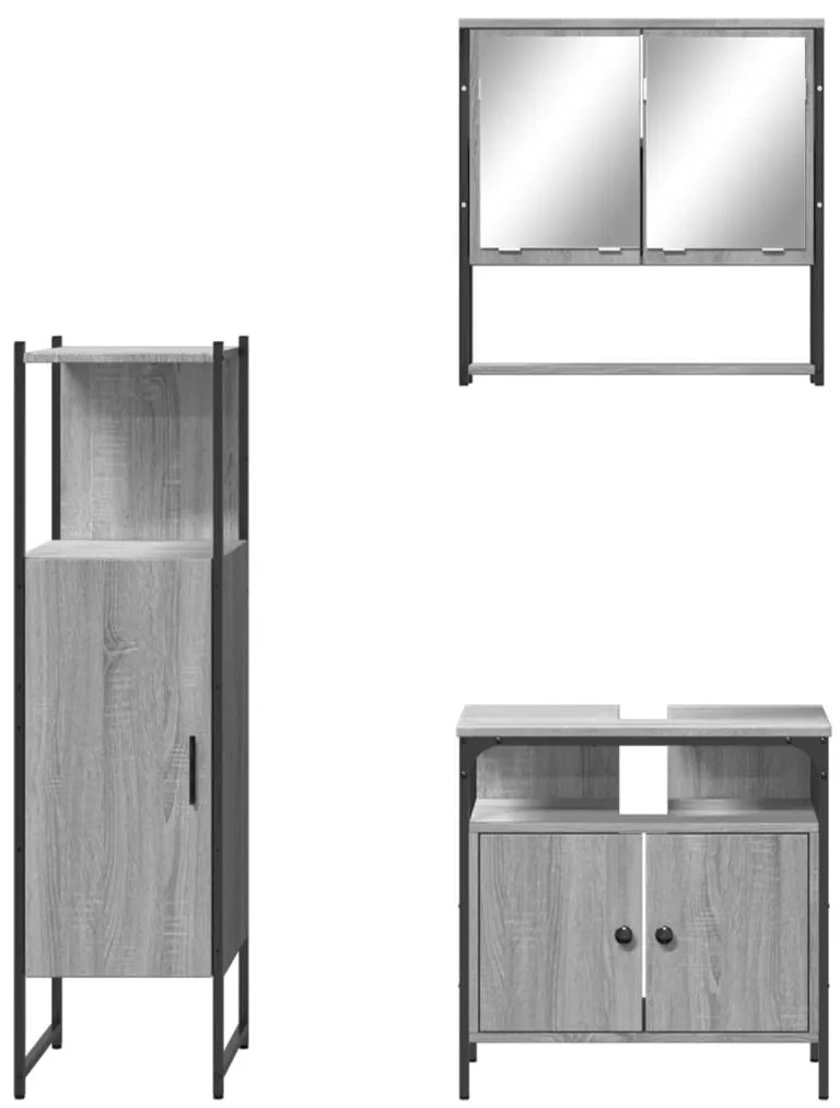 3 pcs Conjunto móveis casa de banho madeira proc. cinza sonoma