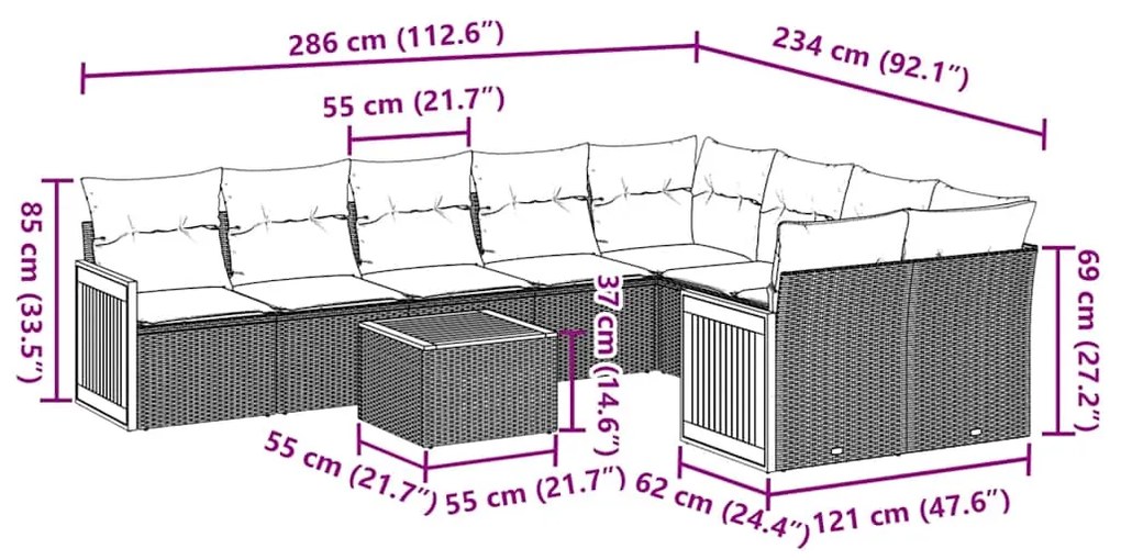 10 pcs conjunto sofás de jardim c/ almofadões vime PE preto