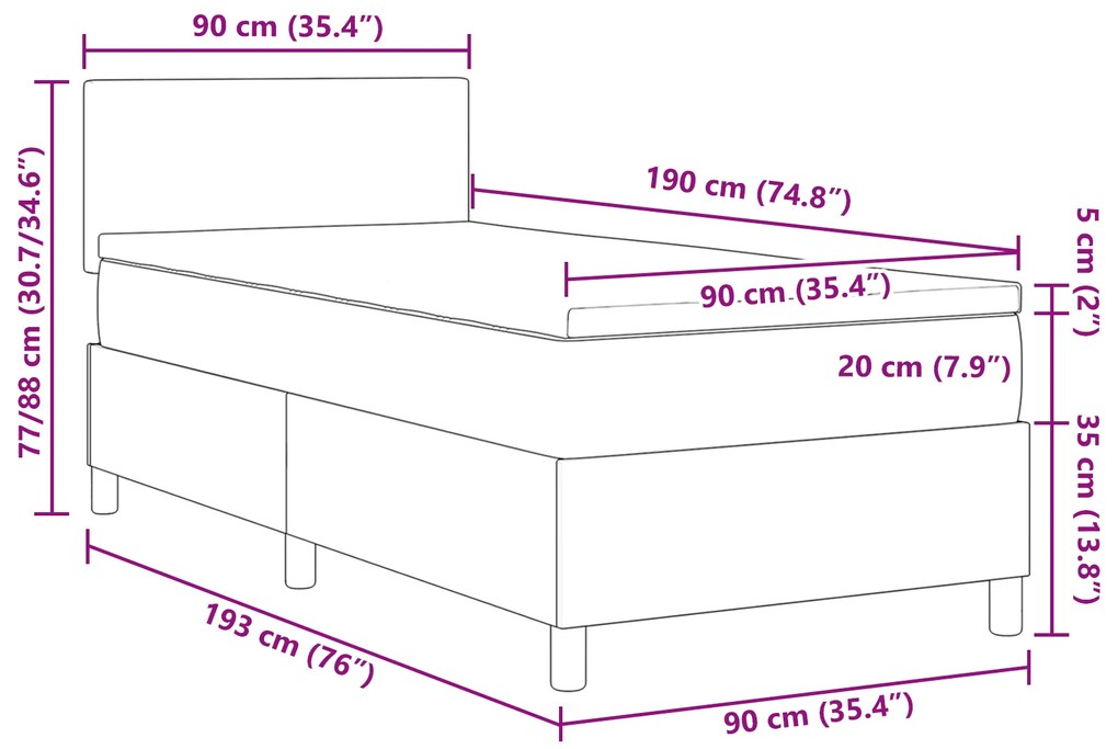 Cama Box Spring com colchão Cinza Claro Solteiro Tecido de corduroy