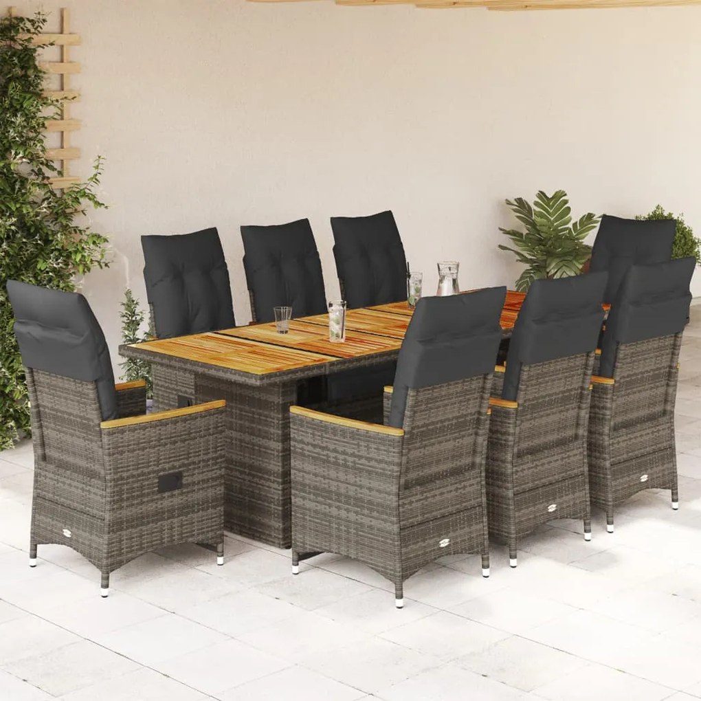 9 pcs conjunto bistrô de jardim c/ almofadões vime PE cinzento