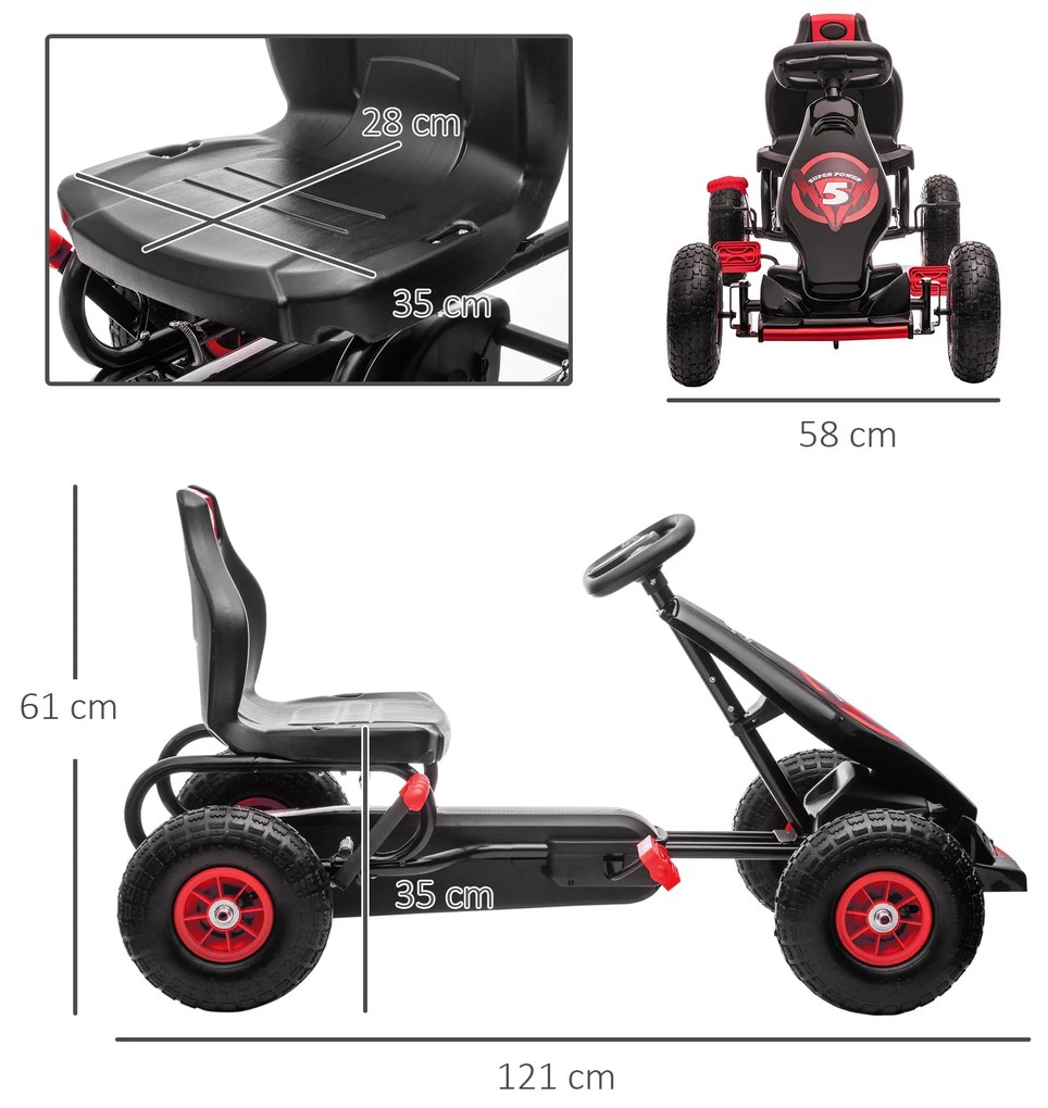 HOMCOM Kart a Pedais para Crianças 5-12 Anos Kart a Pedais Infantil com Assento Ajustável Pneus Insufláveis Amortecimento e Travão de Mão Carga Máx. 50kg 121x58x61cm Vermelho