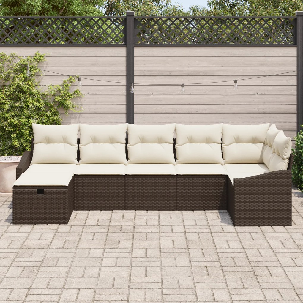 Conjunto de Sofás de Jardim de 7 Peças com Almofadas Castanho Rattan P