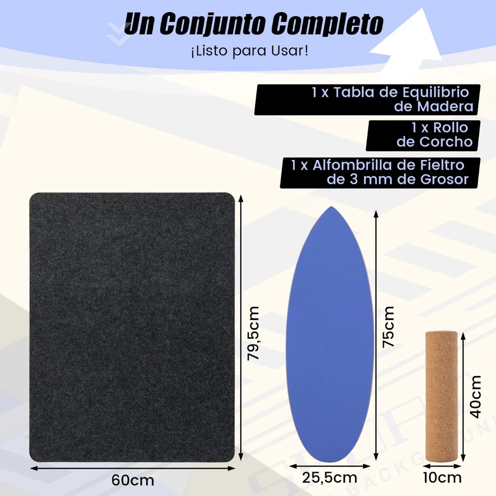 Tábua de equilíbrio de madeira com rolo Manta para treino Skateboard Hóquei Snowboard Surf 75 x 25,5 cm Azul escuro