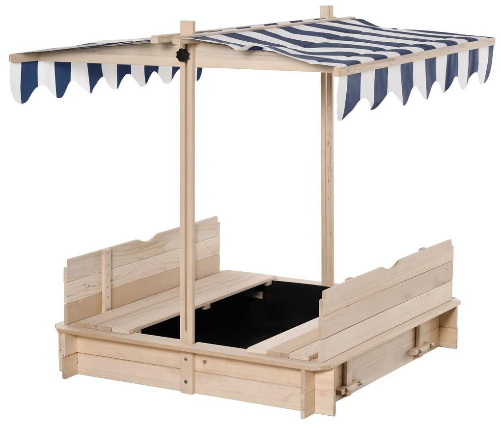 Outsunny Caixa de Areia de Madeira para Crianças acima de 3 Anos com Banco e Toldo Ajustável Carga 50kg  106x106x121cm Madeira