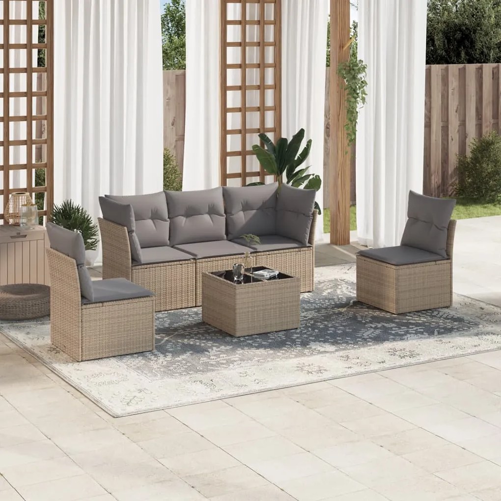 6 pcs conjunto de sofás p/ jardim com almofadões vime PE bege