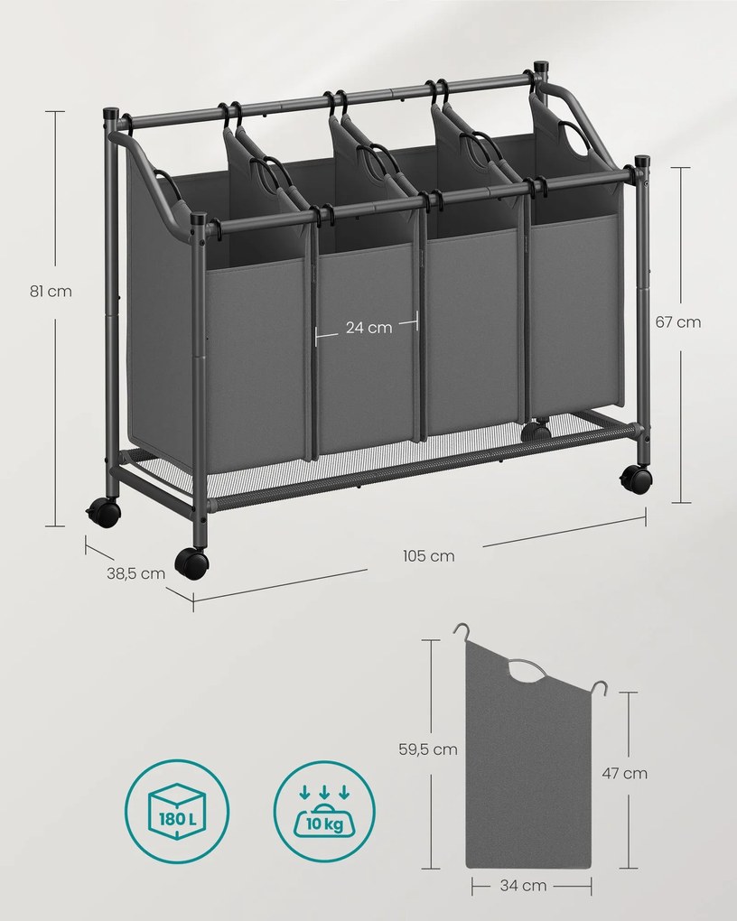 Cesto da roupa suja 105 x 38,5 x 67/81 cm com rodas 4 x 45 L cinza ardósia