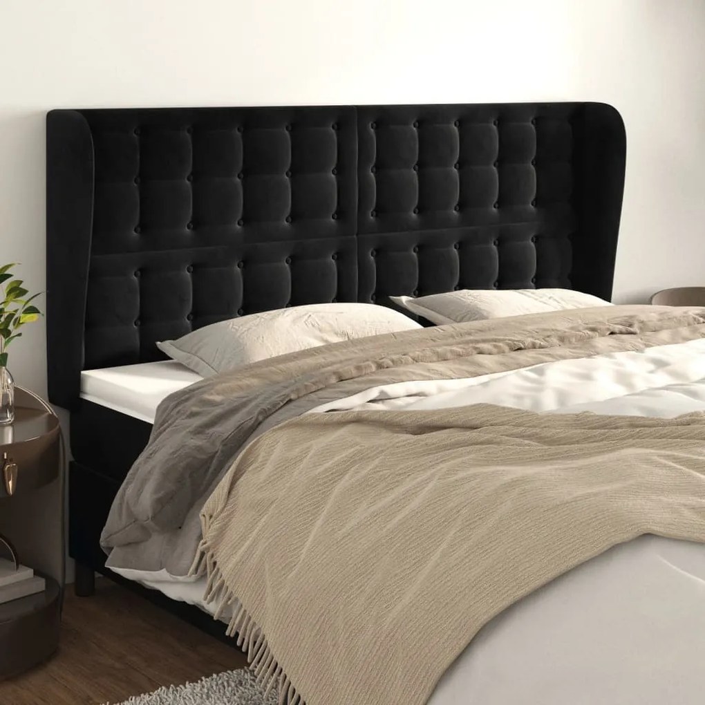 vidaXL Cabeceira de cama c/ abas veludo 203x23x118/128 cm preto