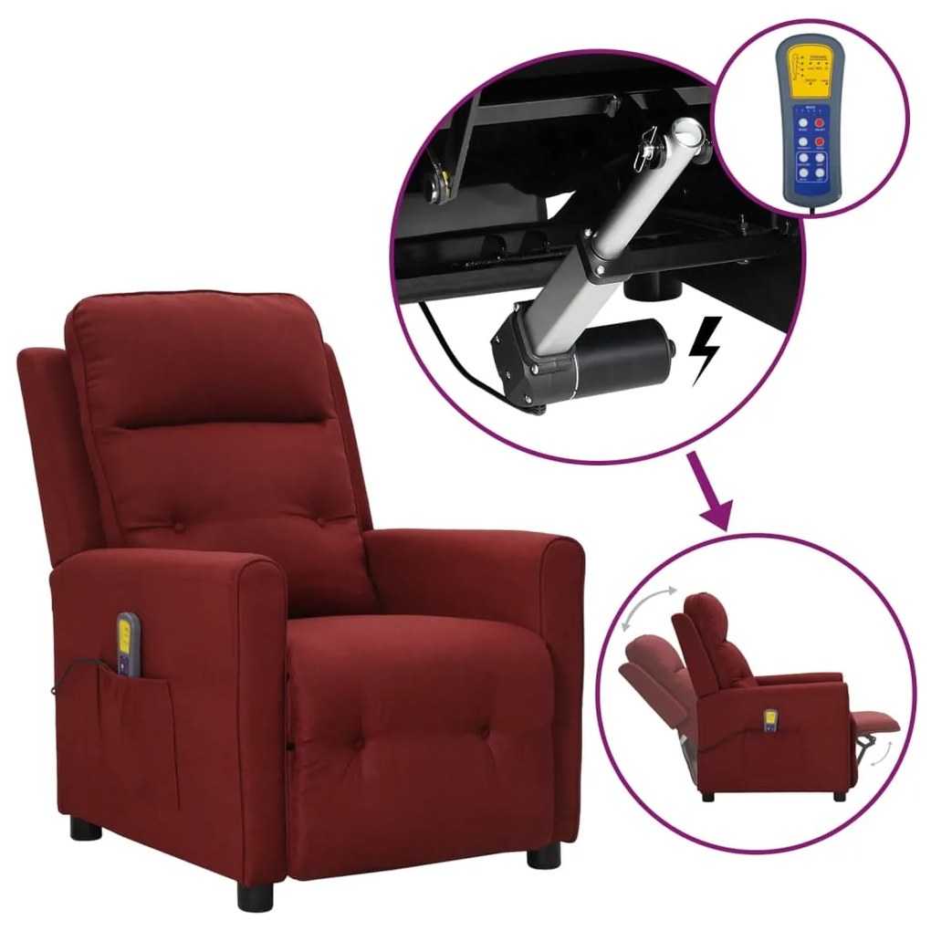 vidaXL Poltrona elevatória de massagens tecido vermelho tinto