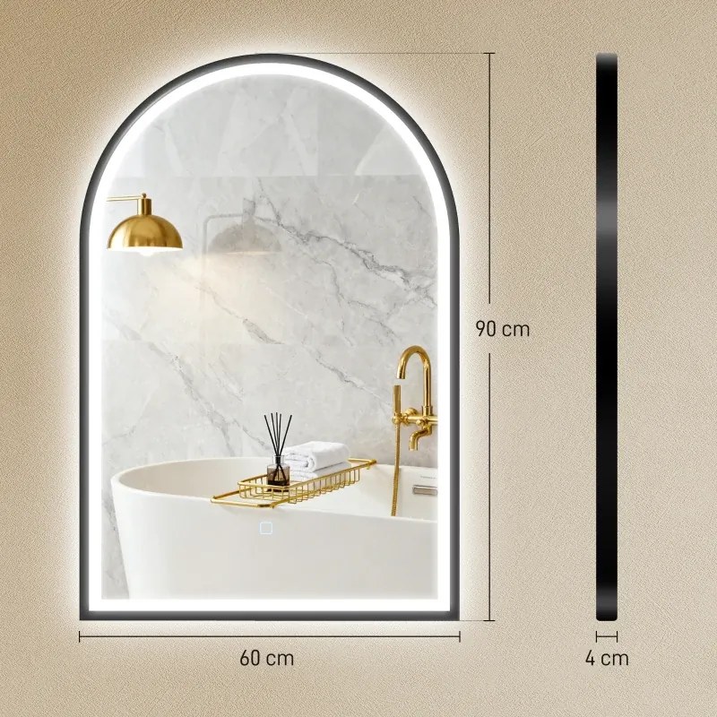Espelho de Casa de Banho com Luz 60x90 cm  Arqueado 3 Cores de Luz Brilho Regulável Função Antiembaçiamento Preto