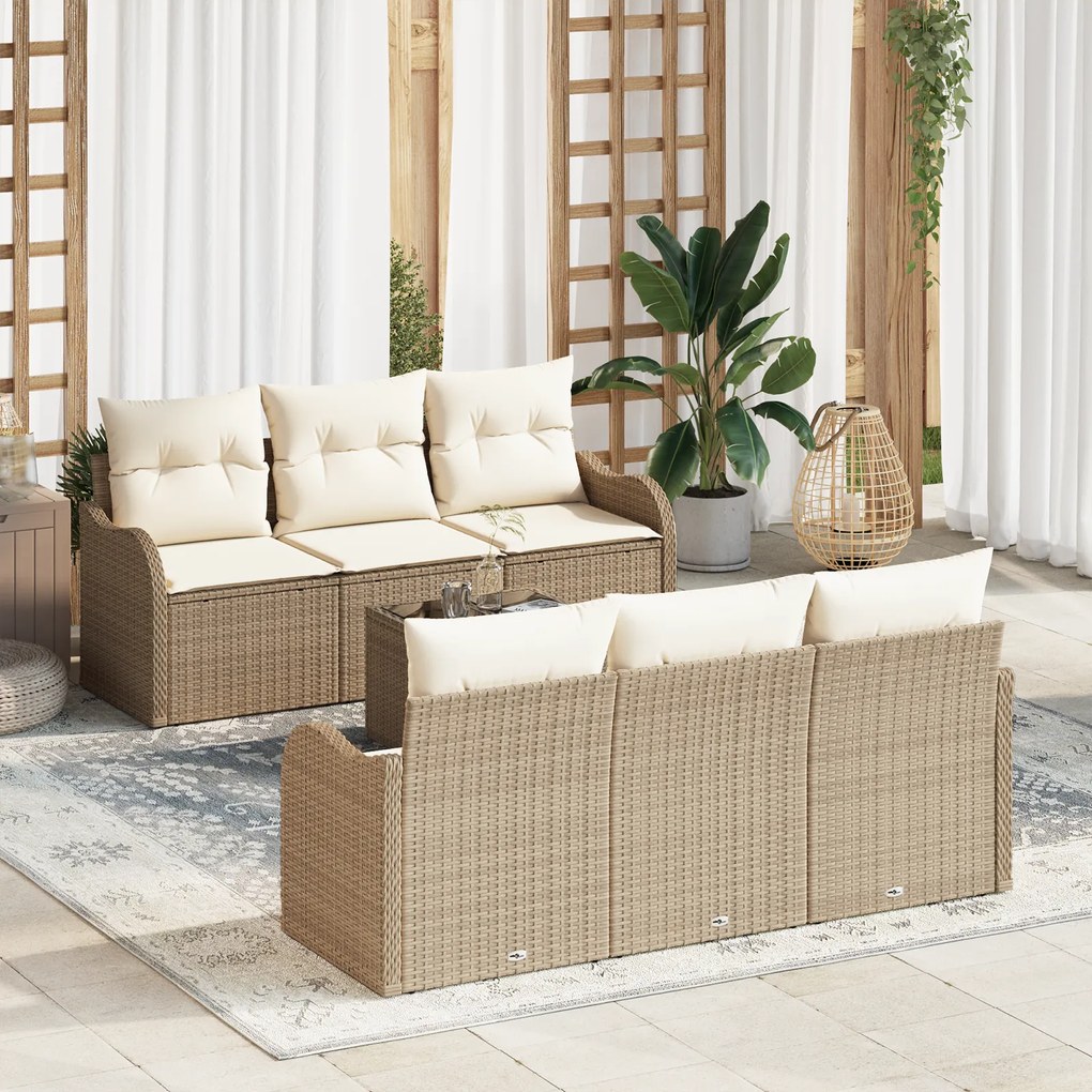 vidaXL Conjunto de Sofás de Jardim de 7 peças com Almofadas Bege Rattan Poliéster