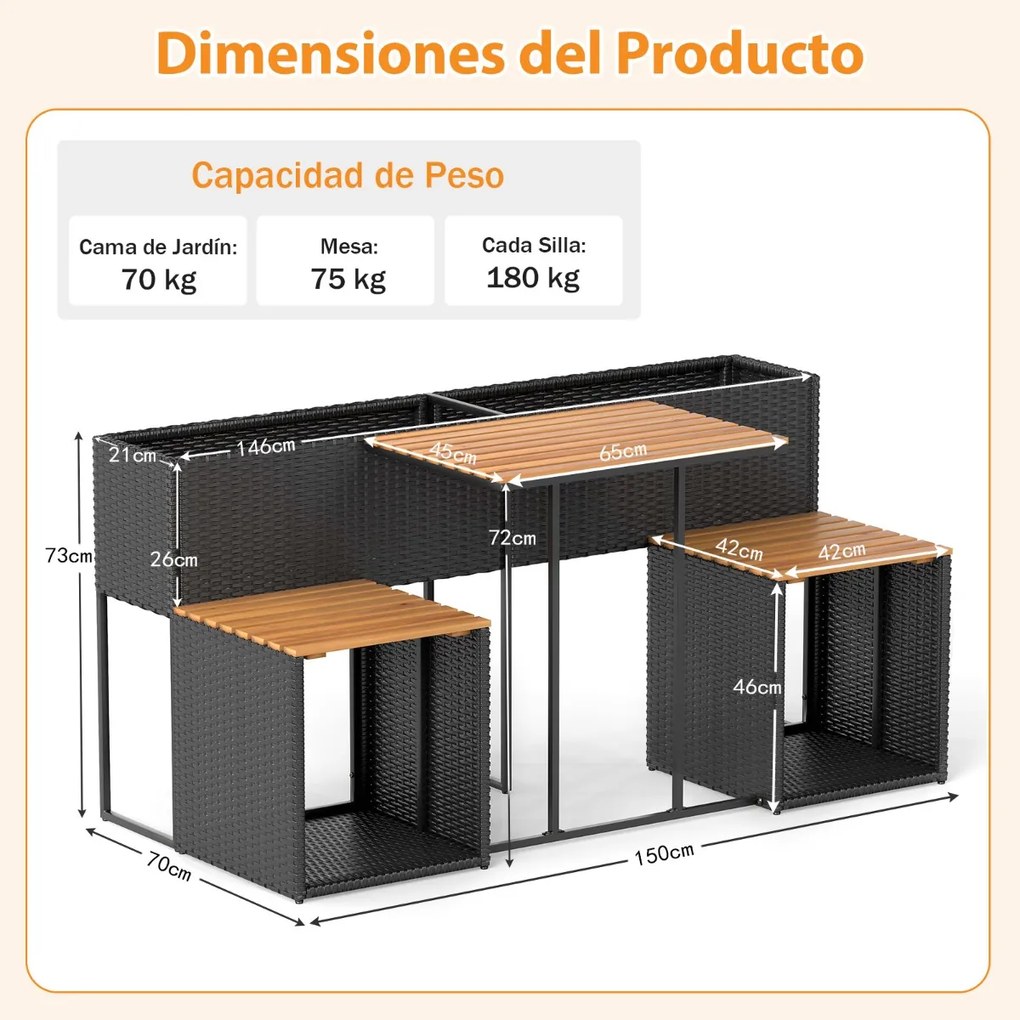 Conjunto de moveis jardim 150 x 70 x 73 cm com floreira de jardim elevada, mesa de rattan PE, cadeiras integradas e arrumação para pátio ou alpendre,