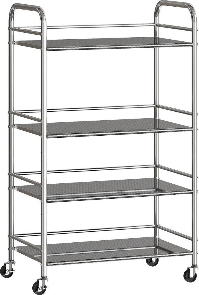 Carrinho Cozinha Auxiliar com Rodas de Aço Inoxidável de 4 Níveis com Prateleira Ajustável 2 Rodas com Travão 60x35x100 cm Prateado