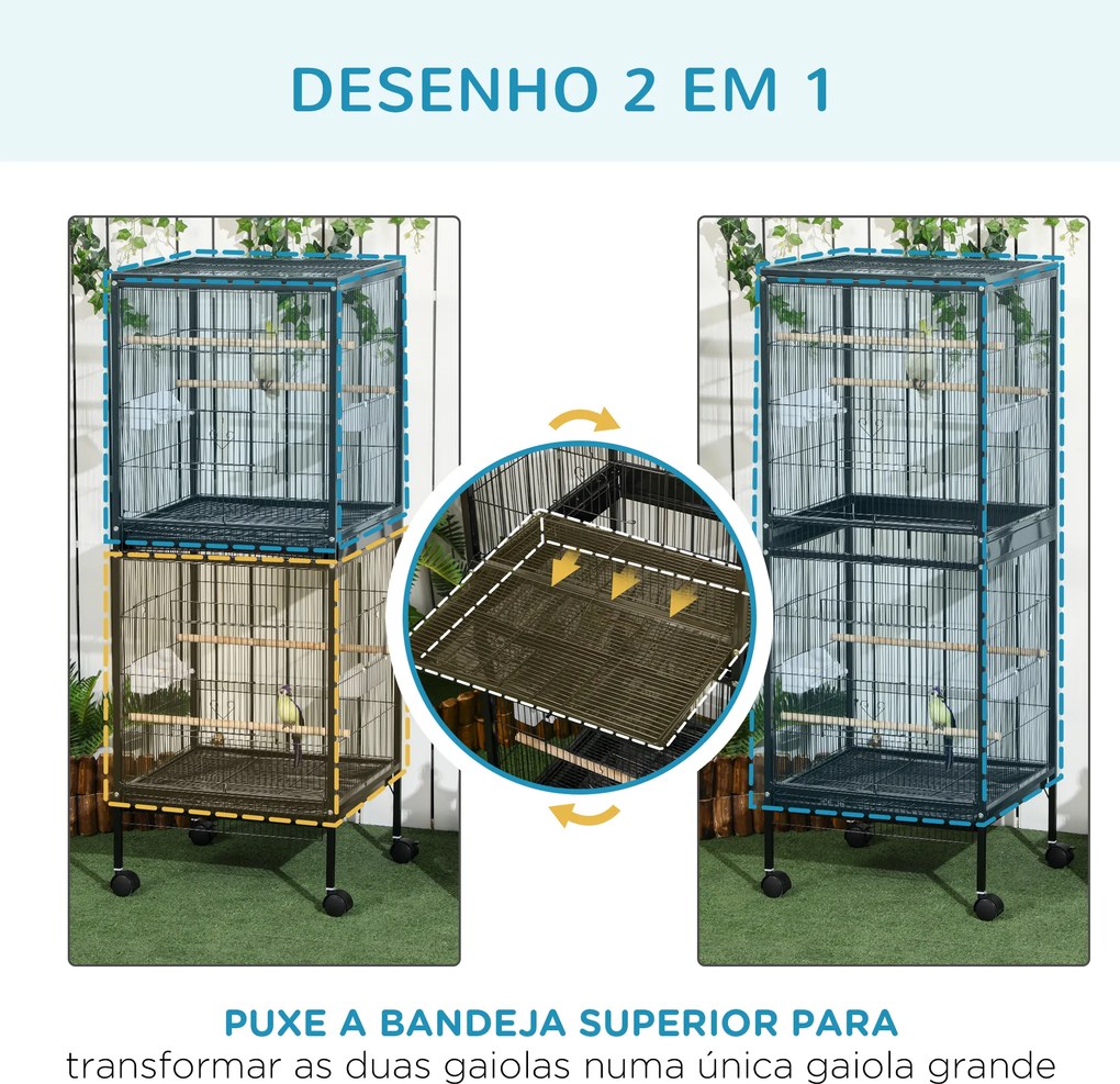 Gaiola para Pássaros com Rodas de 2 Níveis  com Bandejas Removíveis Portas Comedouros Poleiros 51,5x50x140 cm Preto