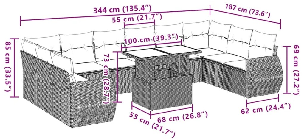 11 pcs conjunto sofás de jardim c/ almofadões vime PE cinzento