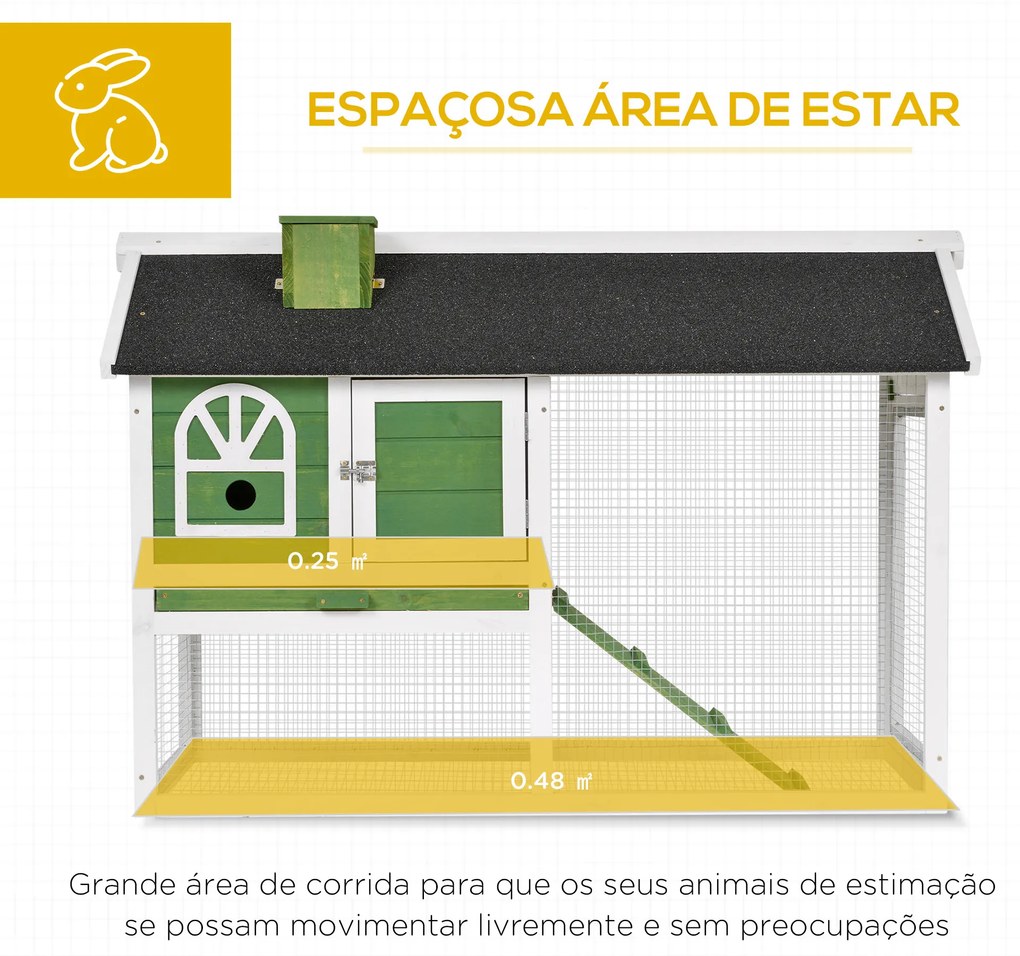 Coelheira de Madeira 120x60x79 cm Coelheira com Teto Asfáltico Bandeja Removível Escada e Chaminé para Exterior Verde
