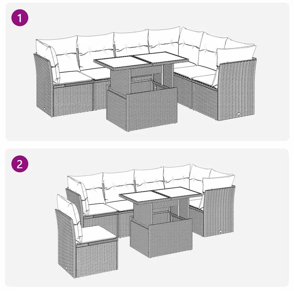 7 pcs conjunto de sofás p/ jardim com almofadões vime PE bege