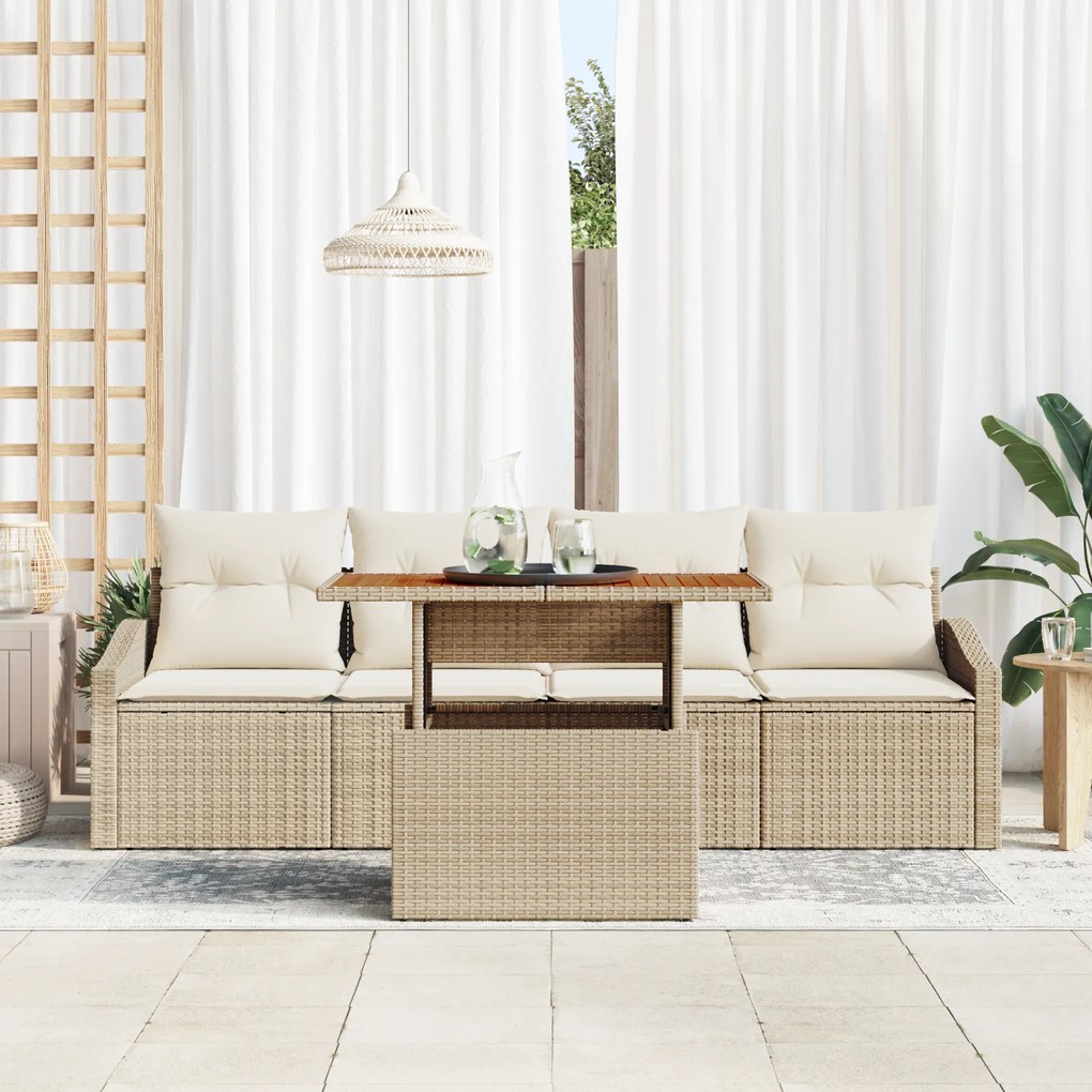 Conjunto de Sofá de Jardim 5 Peças com Almofadas Bege em Rattan Sintét