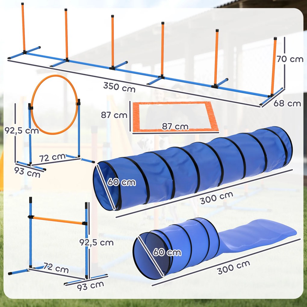 Conjunto de agilidade para cães com 11 peças, percurso de obstáculos com 2 túneis, saltos ajustáveis, laranja e azul