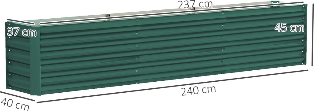 Floreira de horta elevada em aço galvanizado 240 x 40 x 45 cm, com barras de suporte e placas de canto, fundo aberto, verde