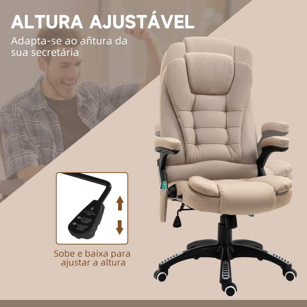 Cadeira de Escritório com 6 Pontos de Massagem Reclinável até 130° com Função de Aquecimento 68x72x110-120 cm Castanho Claro