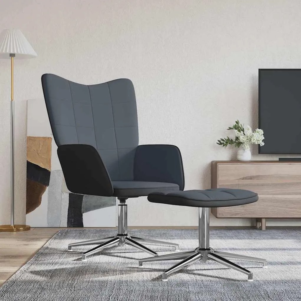 vidaXL Cadeira de descanso com banco PVC e veludo cinzento-escuro