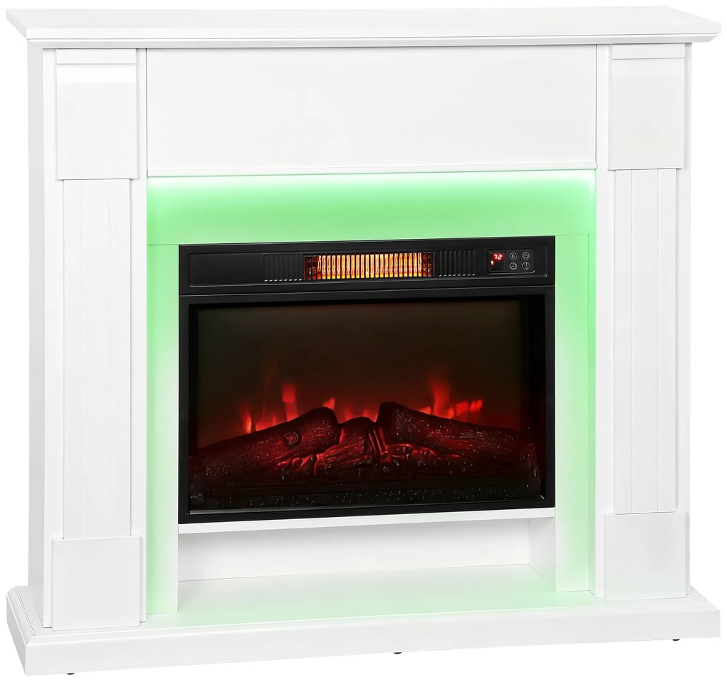 HOMCOM Lareira Elétrica com Efeito de Chama 3D e Tira de Luz LED RGB 1800W Temporizador  para 30 m² 105x27x97 cm Branca | Aosom Portugal