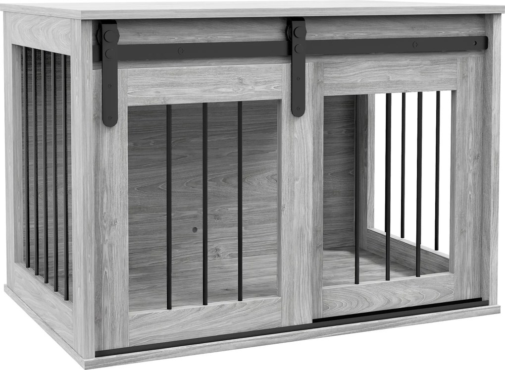 PawHut Gaiola Caixa para Cão Animais Interior Porta Deslizante Metal Efeito Madeira 57x80x54 cm Cinza | Aosom Portugal