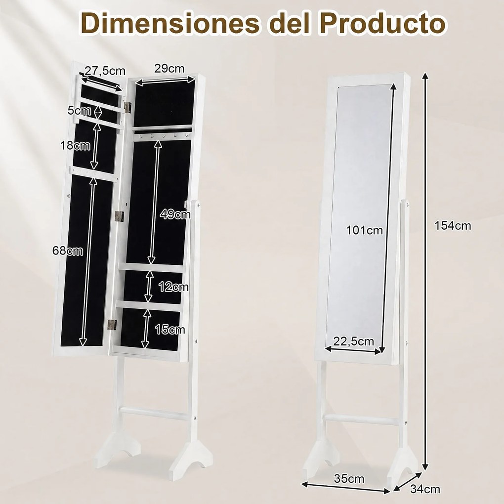 Armário para Joias com Espelho de Corpo Inteiro, 35 x 34 x 154 cm, Armazenamento Organizado, Branco