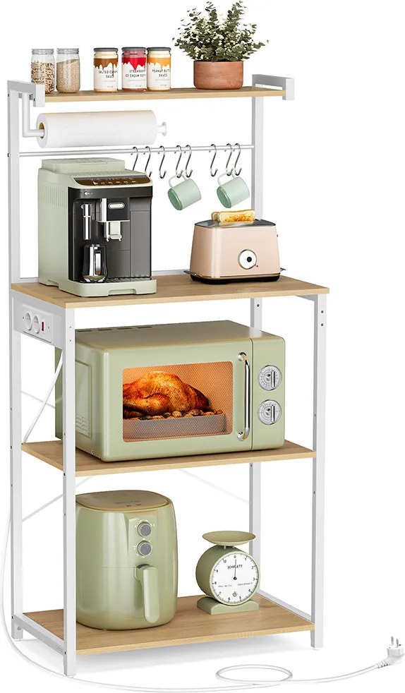Armário de cozinha com tomadas e 4 níveis, 40 x 60 x 140 cm Branco e Bege