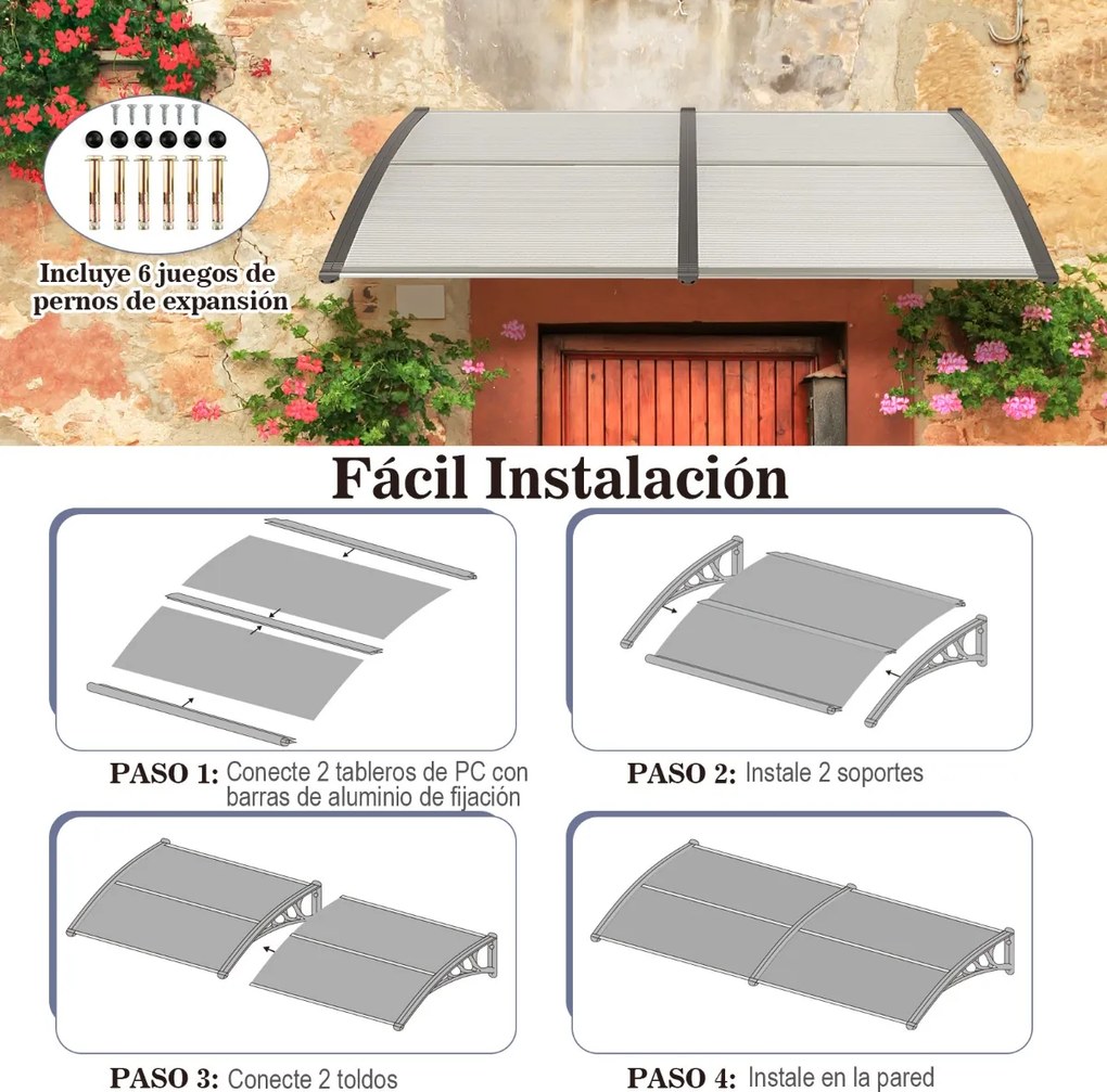 Toldo para janela ou portas 199 x 99 x 28 cm Proteção solar Chuva Neve Vento em Policarbonato e Alumínio Cinza