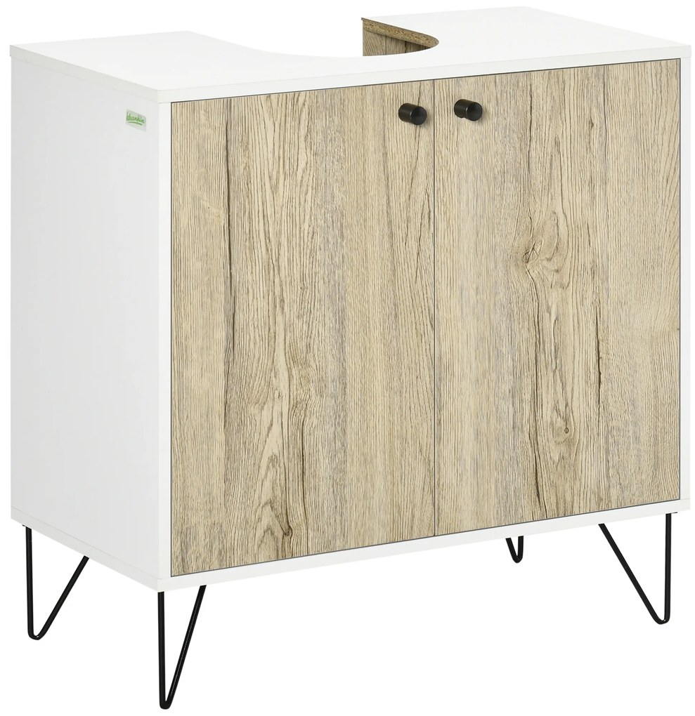 kleankin Móvel para Lavatório Pousar de Madeira com 2 Portas Prateleira e Pés de Aço 60x30x60cm Carvalho e Branco