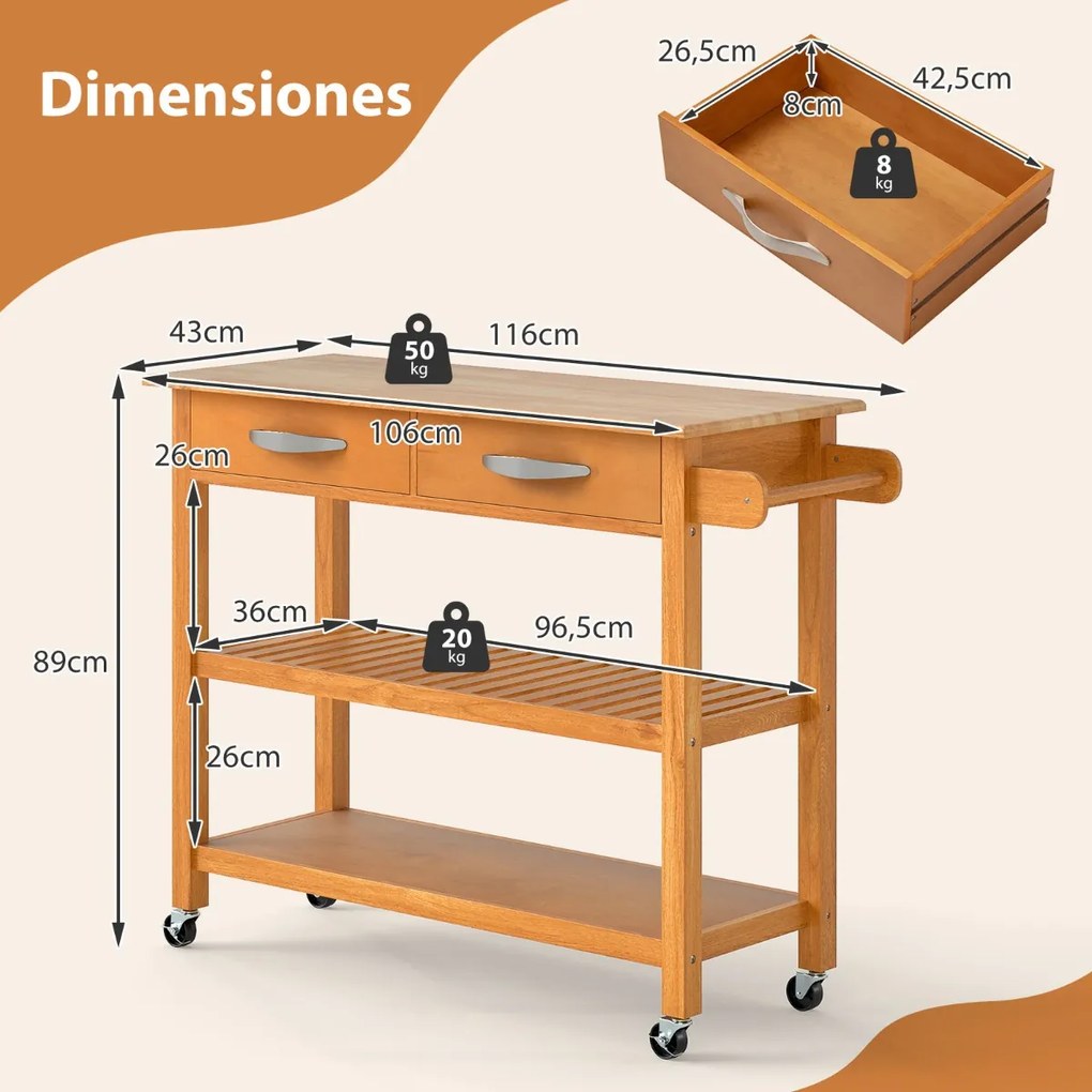 Carrinho de cozinha 116 x 43 x 89 cm com rodas de madeira com 2 gavetas, 2 prateleiras abertas e pega lateral natural