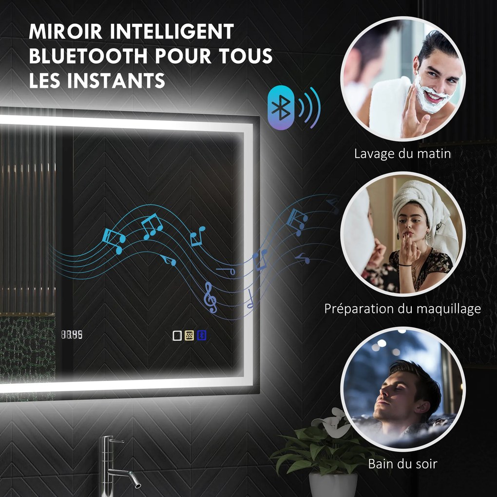 Espelho de casa de banho com LED e Bluetooth, 80 x 100 cm, interruptor tátil, iluminação regulável, 3 cores, antiembaciamento, memória, prateado