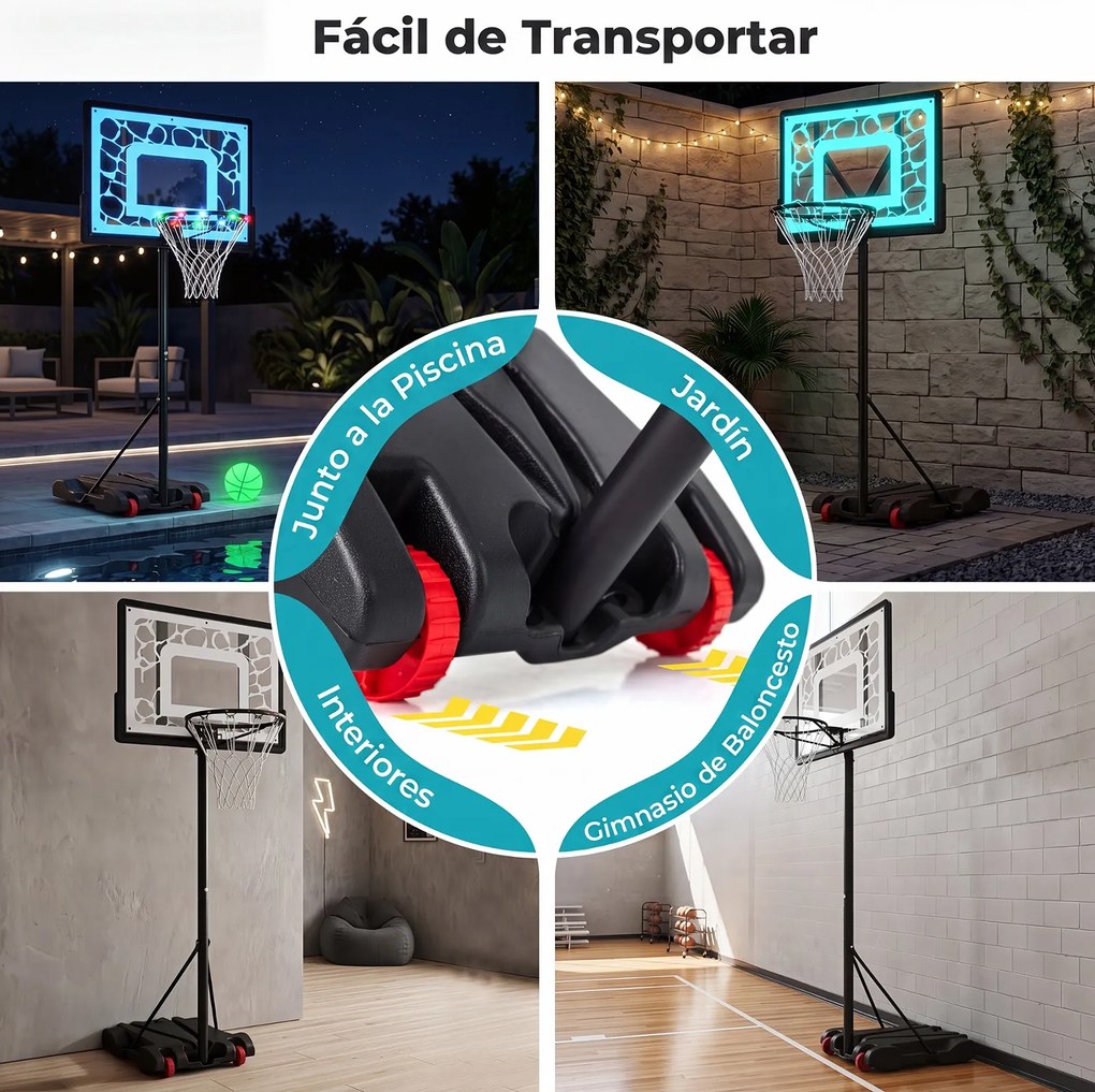 Cesto de Basquetebol para Piscina, 74,5 x 54 x 197 cm, 8 Alturas Ajustáveis, Preto