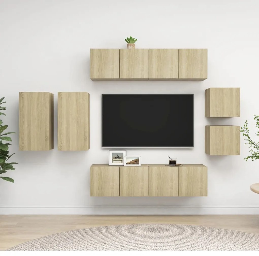 8 pcs conjunto móveis de TV derivados madeira carvalho sonoma