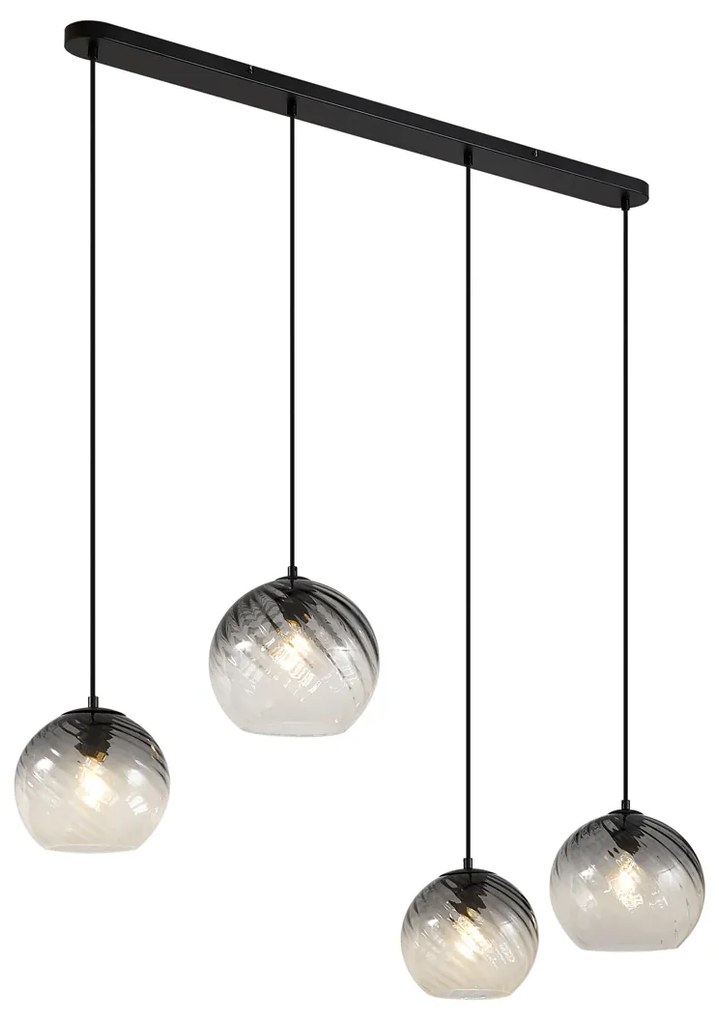 Candeeiro suspenso Art Deco preto com vidro fumado retangular 4 luzes - Bao