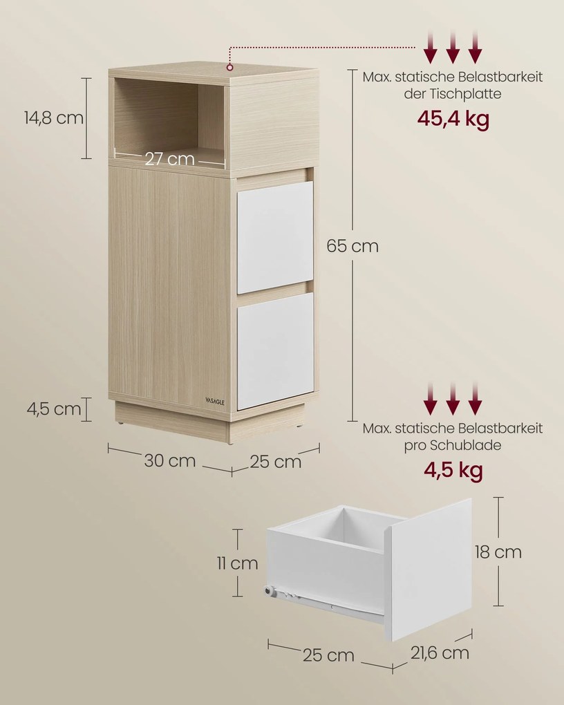 Mesa de cabeceira estreita com 2 gavetas 30 x 25 x 65 cm bege natural e branco nuvem