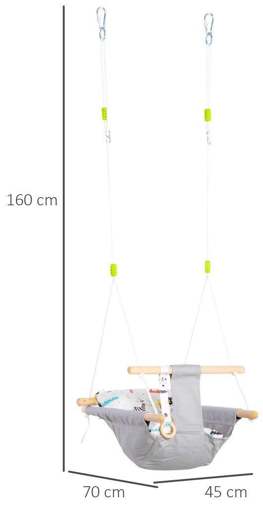 Baloiço para Bebé Baloiço de Madeira Infantil com Altura Ajustável Almofada Acolchoada e Cinto de Segurança para Interior e Exterior Carga Máxima 80kg