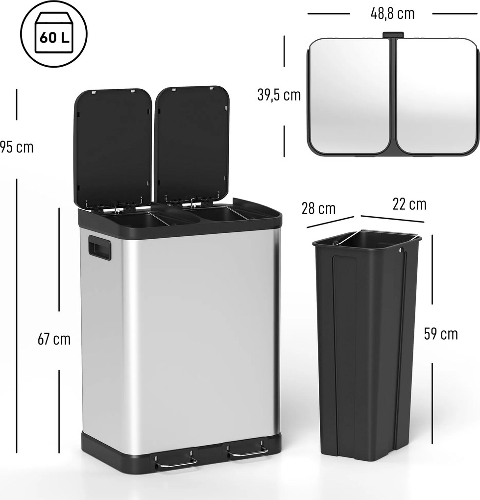 Caixote do lixo de cozinha 48,8 L x 39,5 l x 67 A cm com dois compartimentos de 2 x 30 L, com pedal em aço inoxidável e tampa com fecho suave, pratead