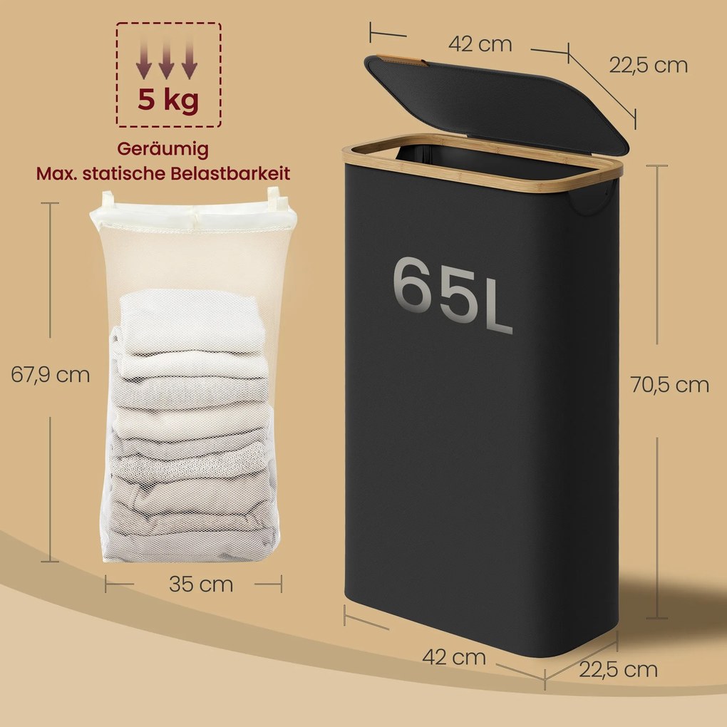 Cesto de bambu para roupa suja de 65 L, 42 x 22,5 x 70,5 cm preto