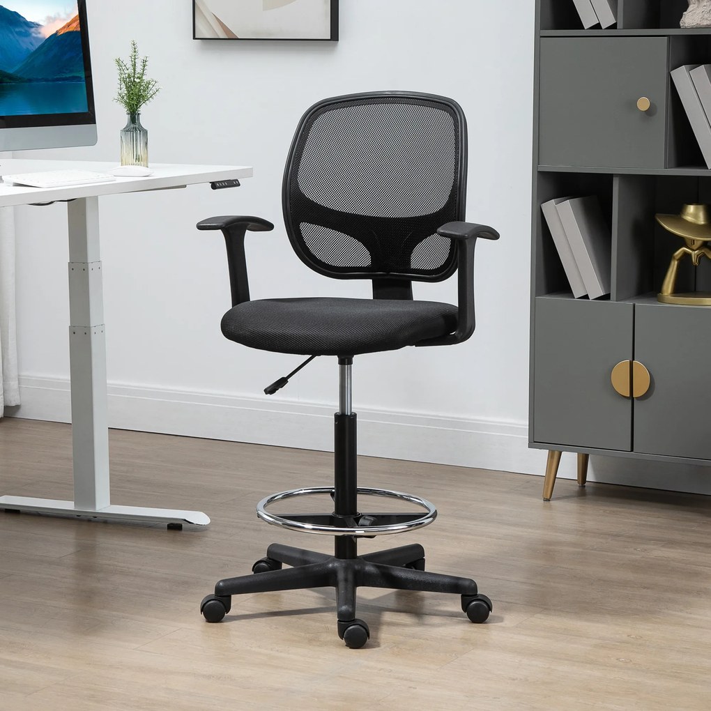 Cadeira de escritório ergonómica, apoio para os pés, encosto em malha, altura ajustável, 60 x 56 x 110–132 cm, preta